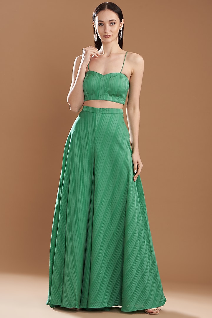 Dark Green Silk Satin Embroidered Off-Shoulder Cape Set by Yashodhara at Pernia's Pop Up Shop