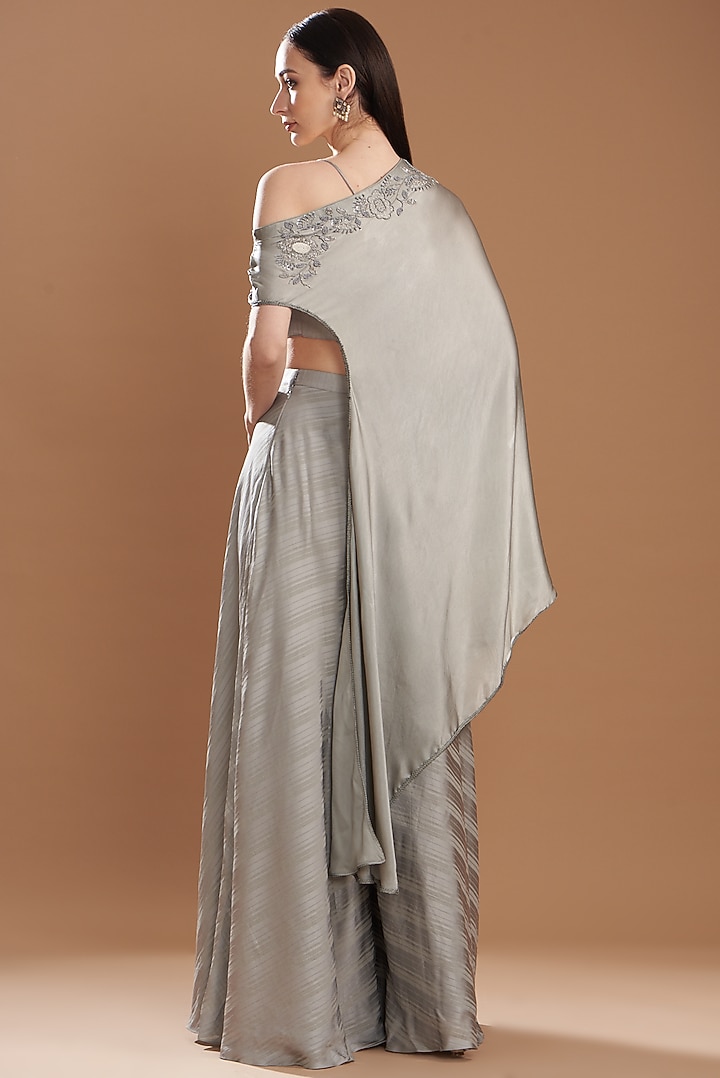 Grey Silk Satin Embroidered Off-Shoulder Cape Set by Yashodhara at Pernia's Pop Up Shop
