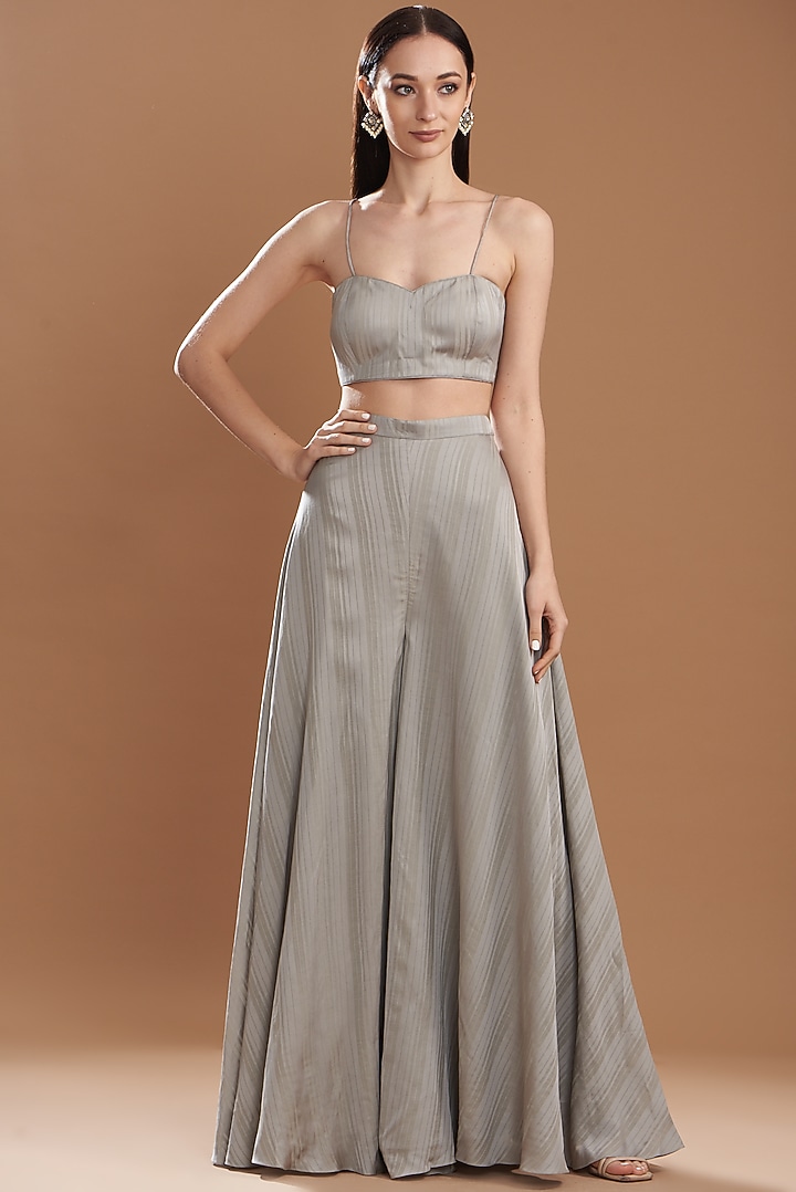 Grey Silk Satin Embroidered Off-Shoulder Cape Set by Yashodhara at Pernia's Pop Up Shop