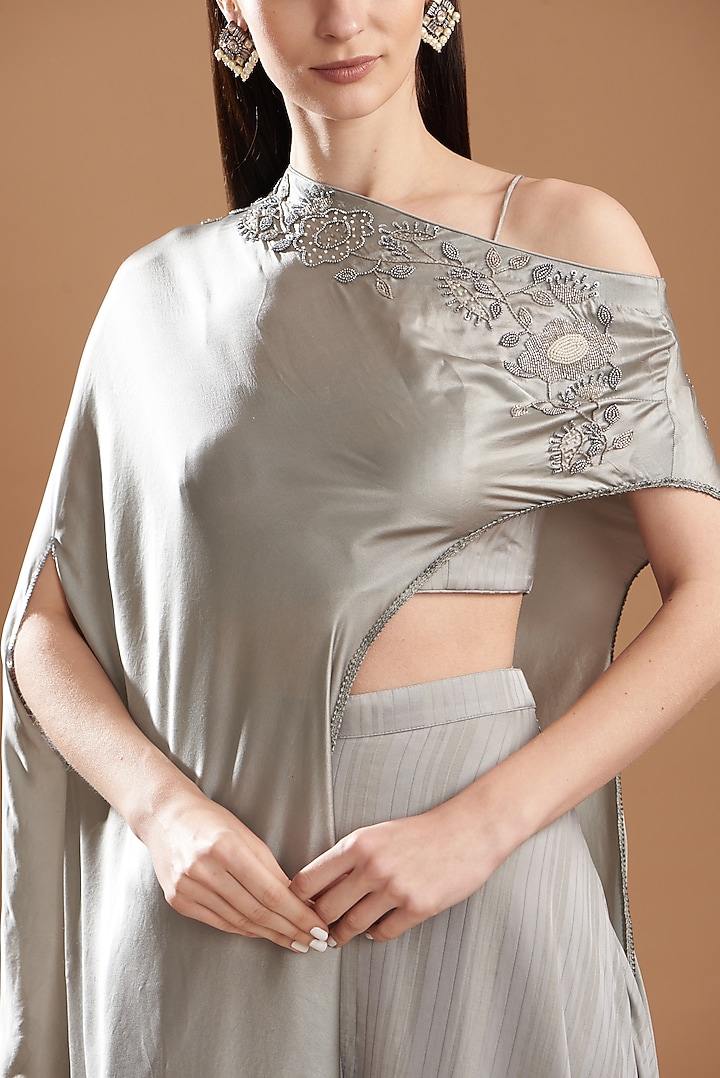 Grey Silk Satin Embroidered Off-Shoulder Cape Set by Yashodhara at Pernia's Pop Up Shop