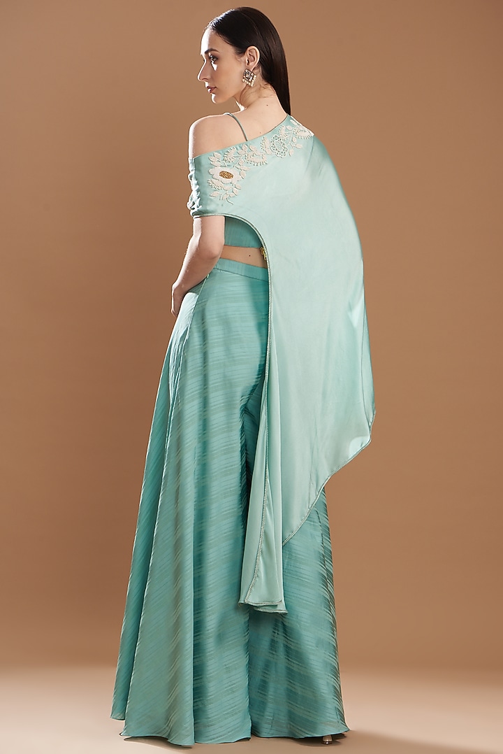 Blue Silk Satin Embroidered Off-Shoulder Cape Set by Yashodhara at Pernia's Pop Up Shop
