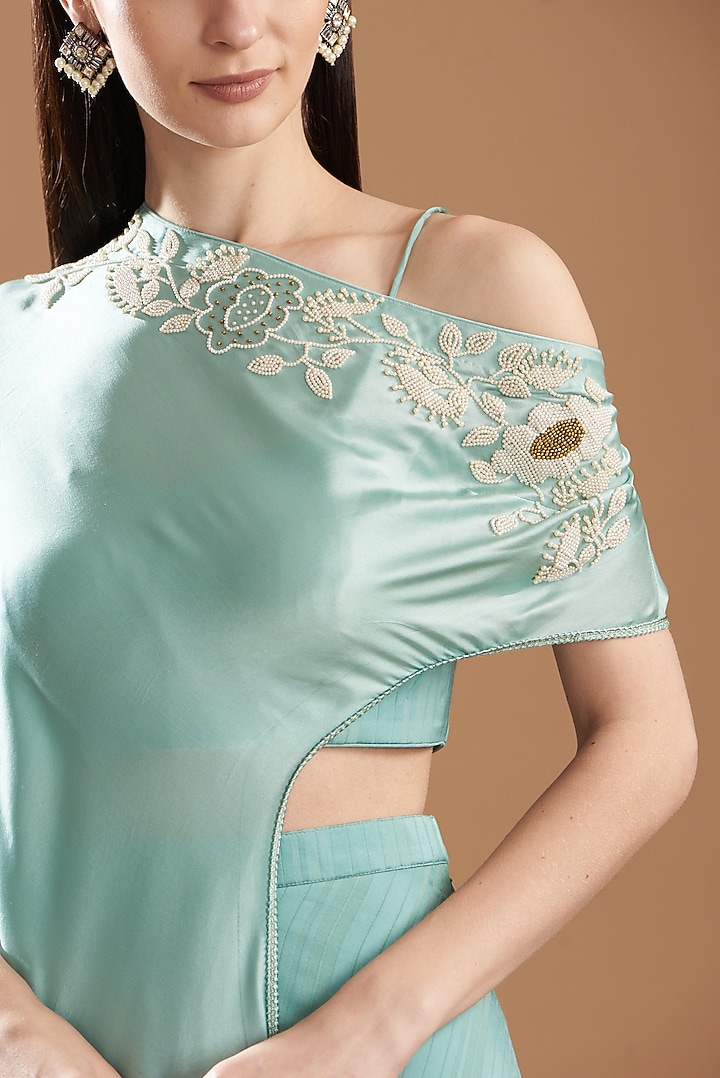 Blue Silk Satin Embroidered Off-Shoulder Cape Set by Yashodhara at Pernia's Pop Up Shop