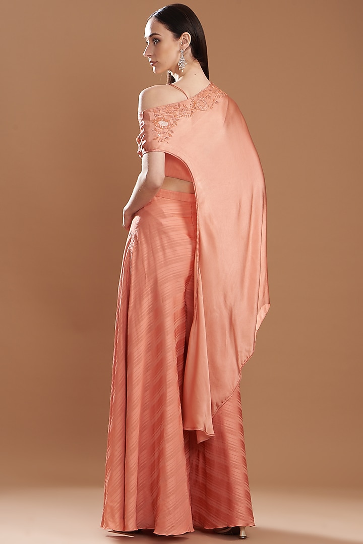 Brick Silk Satin Embroidered Off-Shoulder Cape Set by Yashodhara at Pernia's Pop Up Shop