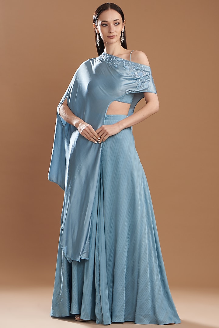 Blue Silk Satin Embroidered Off-Shoulder Cape Set by Yashodhara