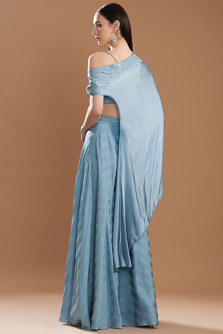 Blue Silk Satin Embroidered Off-Shoulder Cape Set by Yashodhara at Pernia's Pop Up Shop