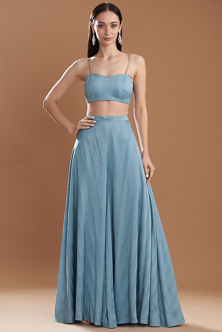 Blue Silk Satin Embroidered Off-Shoulder Cape Set by Yashodhara at Pernia's Pop Up Shop