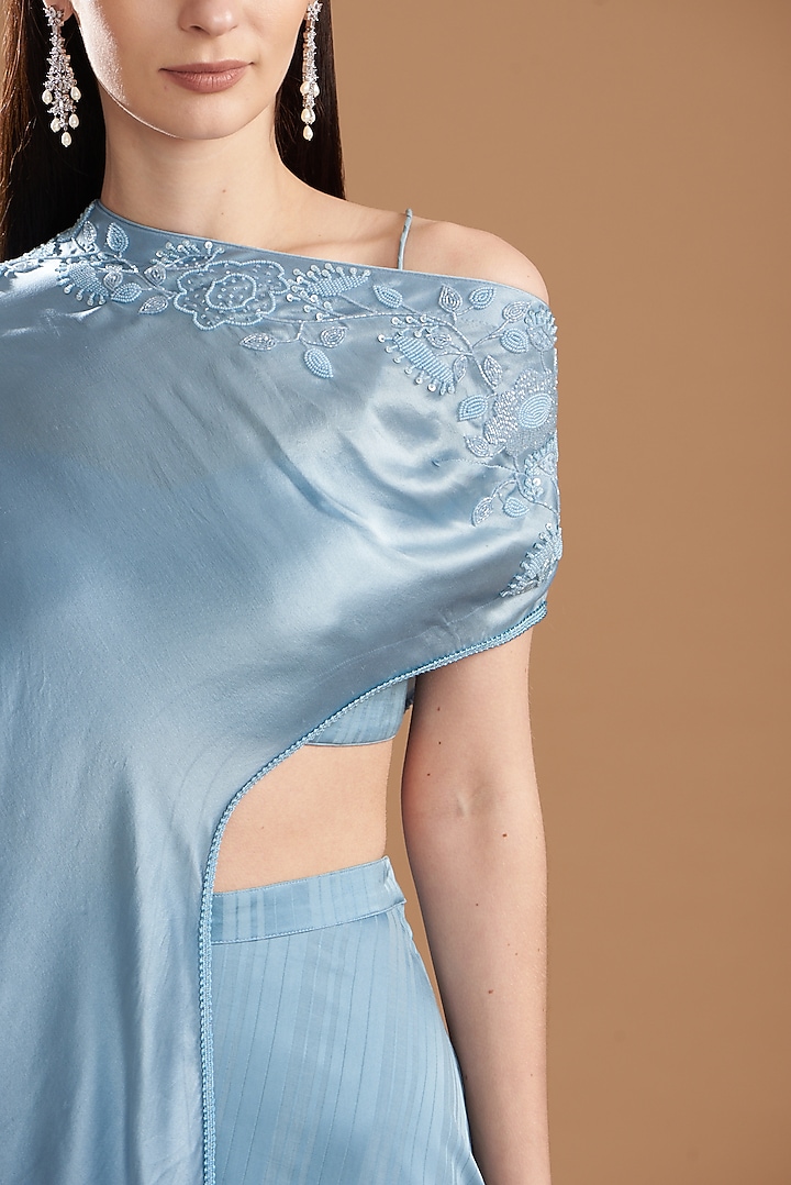 Blue Silk Satin Embroidered Off-Shoulder Cape Set by Yashodhara at Pernia's Pop Up Shop