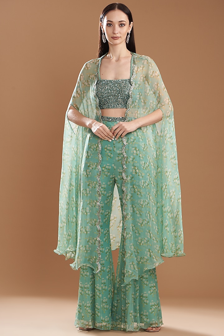 Teal Green Raw Silk Printed Cape Set by Yashodhara at Pernia's Pop Up Shop