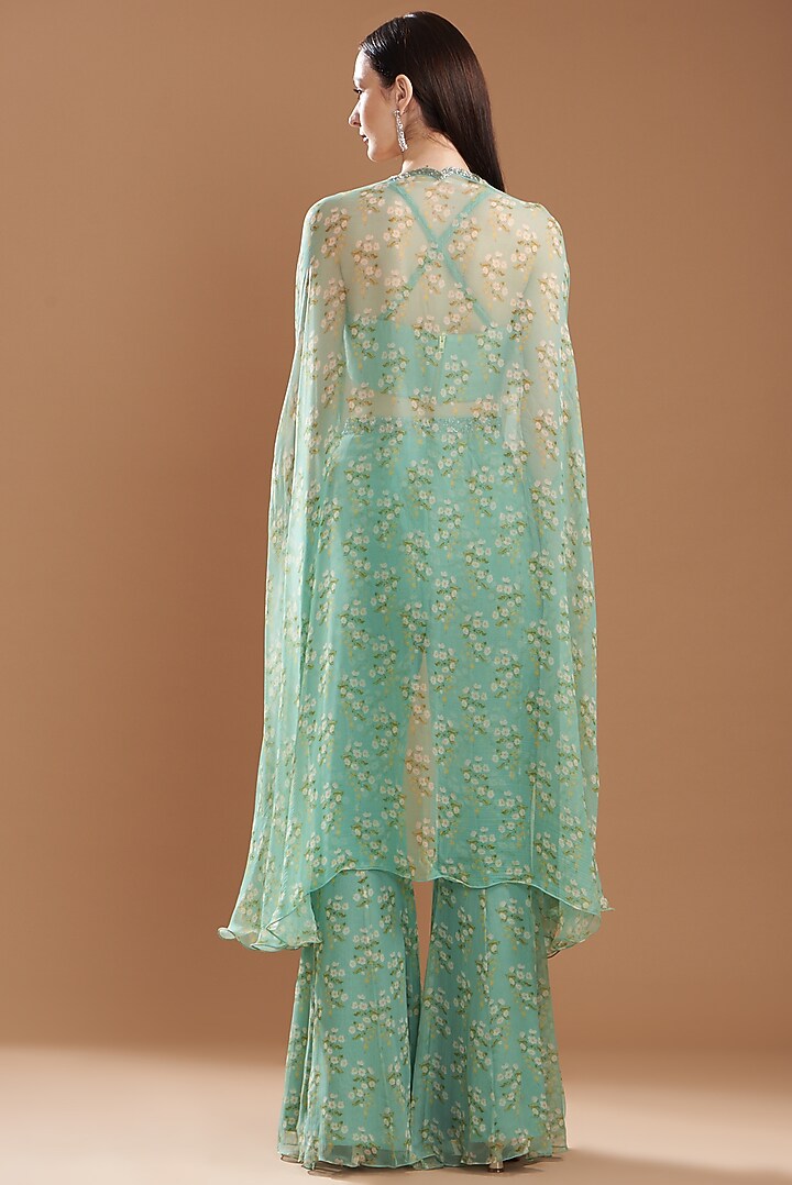 Teal Green Raw Silk Printed Cape Set by Yashodhara at Pernia's Pop Up Shop