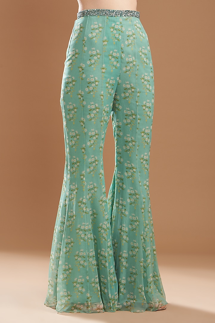 Teal Green Raw Silk Printed Cape Set by Yashodhara at Pernia's Pop Up Shop
