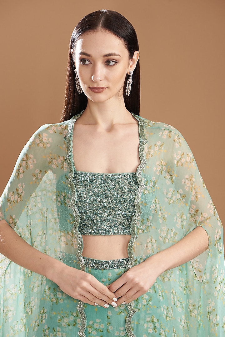 Teal Green Raw Silk Printed Cape Set by Yashodhara at Pernia's Pop Up Shop
