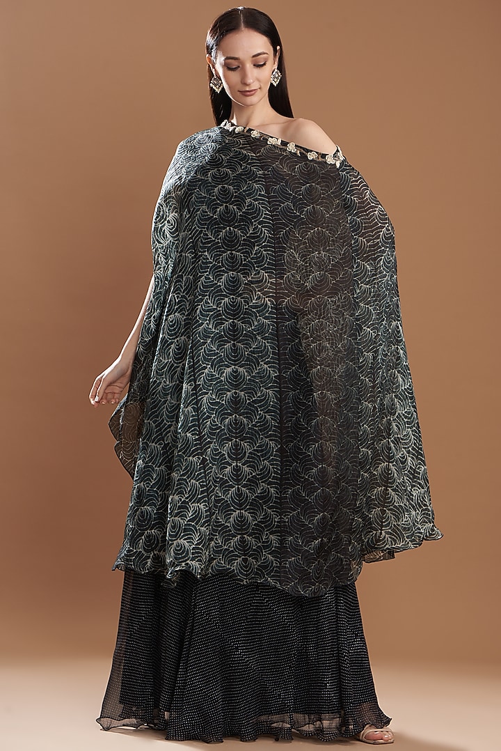 Black Organza Embroidered Off-Shoulder Cape Set by Yashodhara