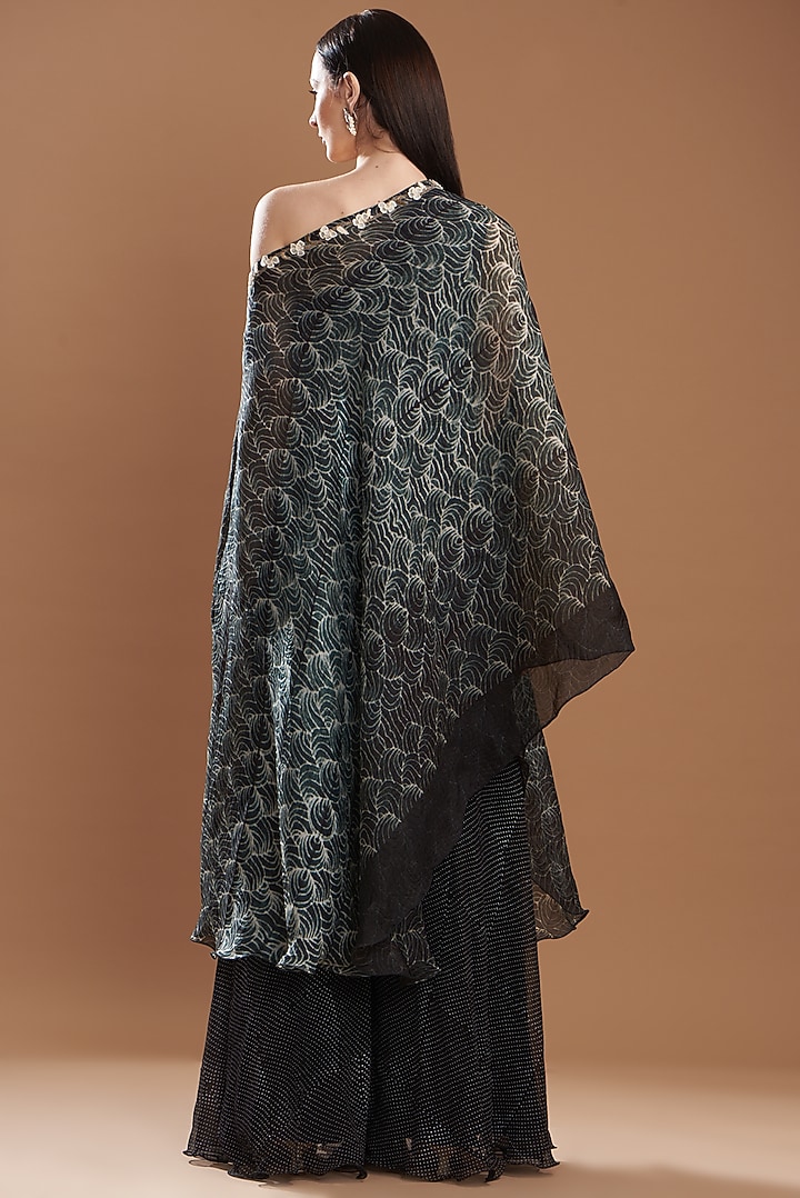 Black Organza Embroidered Off-Shoulder Cape Set by Yashodhara at Pernia's Pop Up Shop