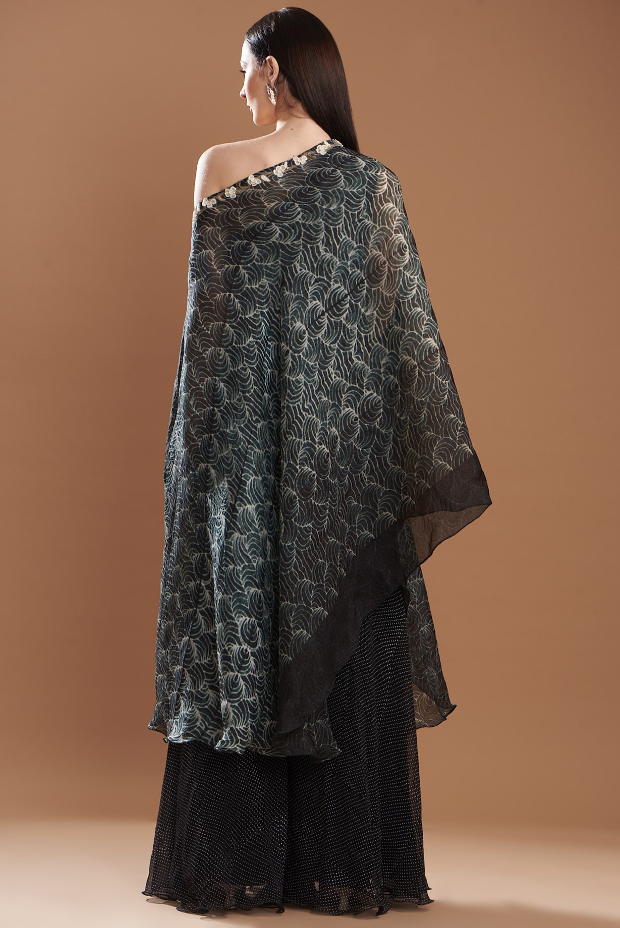 Black Organza Embroidered Off-Shoulder Cape Set by Yashodhara at