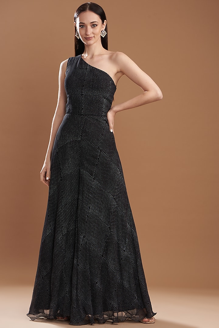 Black Organza Embroidered Off-Shoulder Cape Set by Yashodhara at Pernia's Pop Up Shop