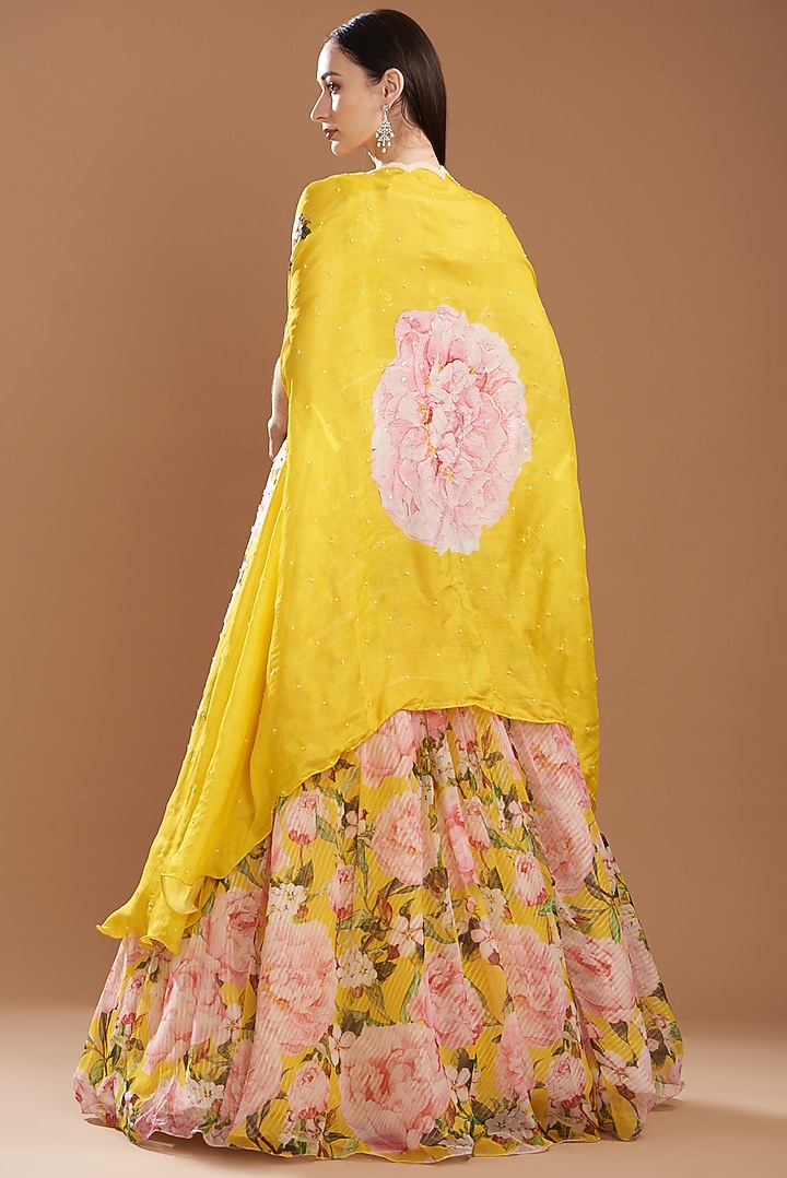 Yellow Chiffon Printed Jacket Wedding Lehenga Set by Yashodhara at Pernia's Pop Up Shop