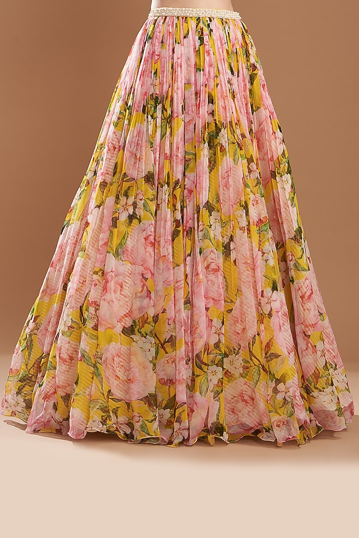 Yellow Chiffon Printed Jacket Wedding Lehenga Set by Yashodhara at Pernia's Pop Up Shop