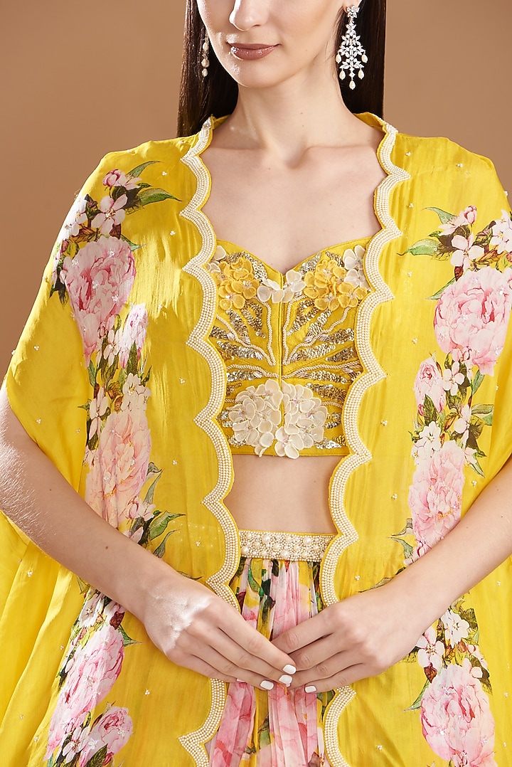 Yellow Chiffon Printed Jacket Wedding Lehenga Set by Yashodhara at Pernia's Pop Up Shop