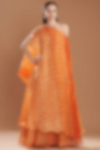 Orange Organza Off-Shoulder Embroidered Cape Set by Yashodhara