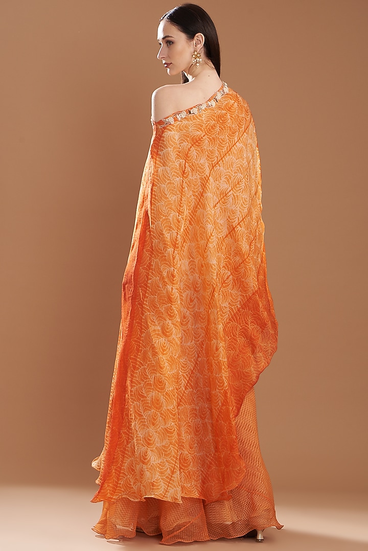 Orange Organza Off-Shoulder Embroidered Cape Set by Yashodhara at Pernia's Pop Up Shop