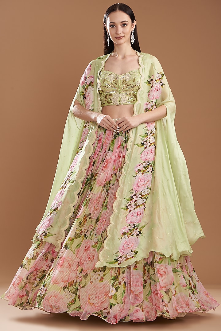 Jade Chiffon Printed Jacket Lehenga Set by Yashodhara