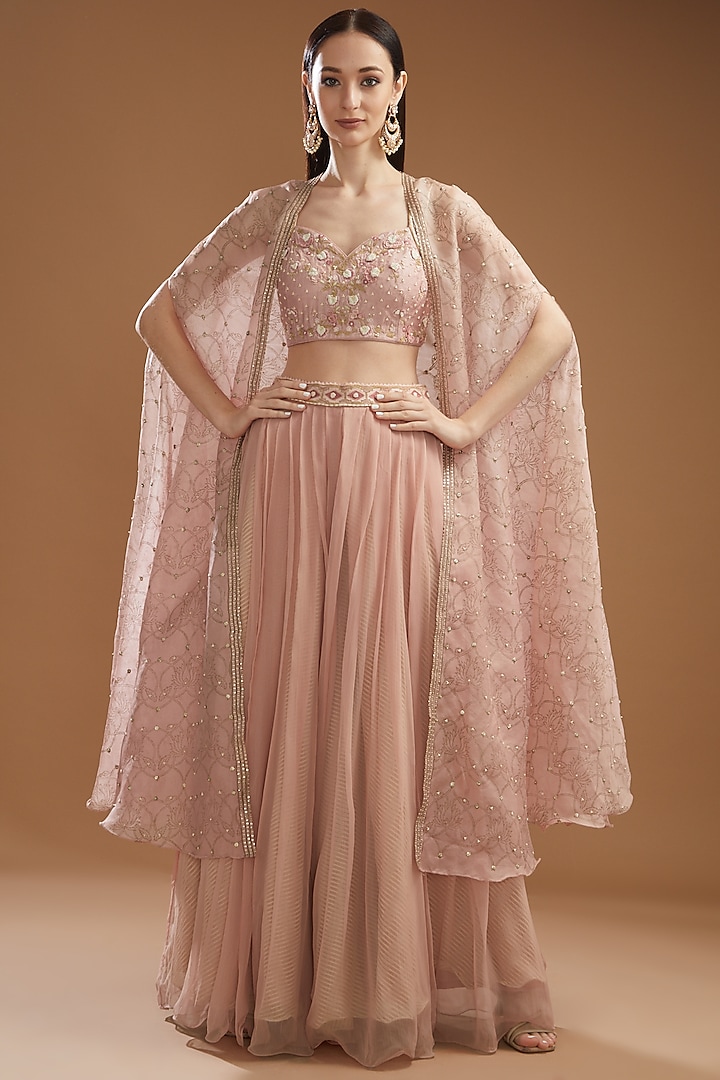 Pink Organza & Silk Blocked Printed Cape Set by Yashodhara at Pernia's Pop Up Shop