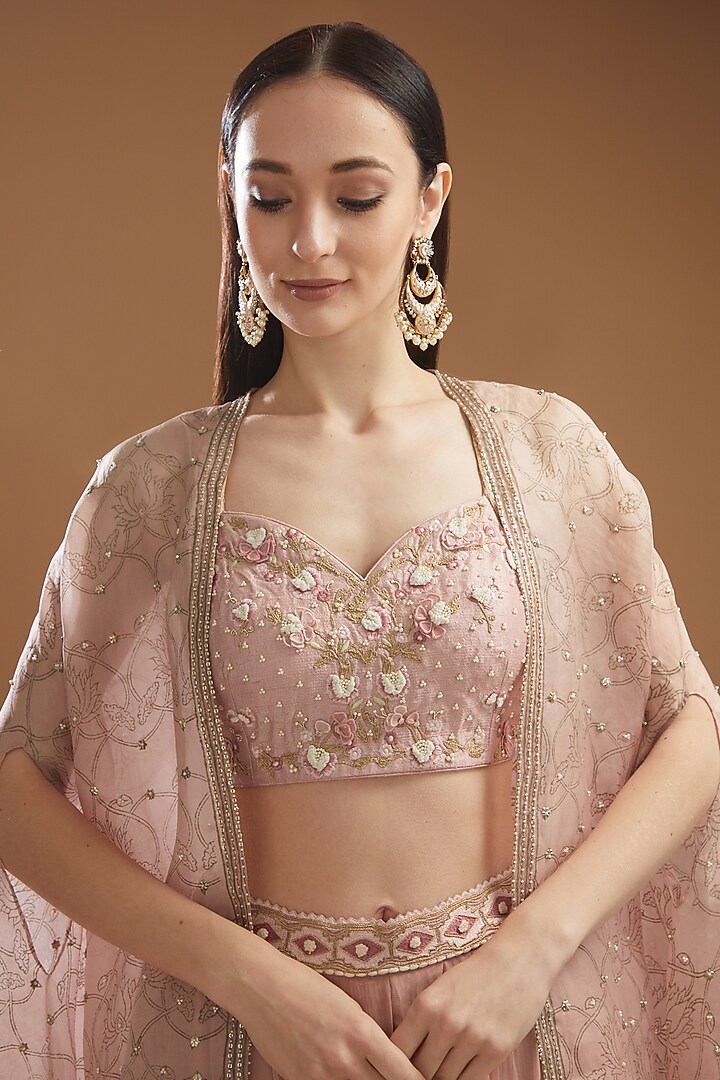 Pink Organza & Silk Blocked Printed Cape Set by Yashodhara at Pernia's Pop Up Shop