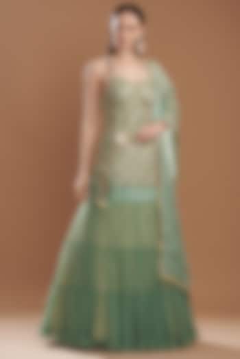 Teal Organza & Silk Embroidered Kurta Set by Yashodhara at Pernia's Pop Up Shop