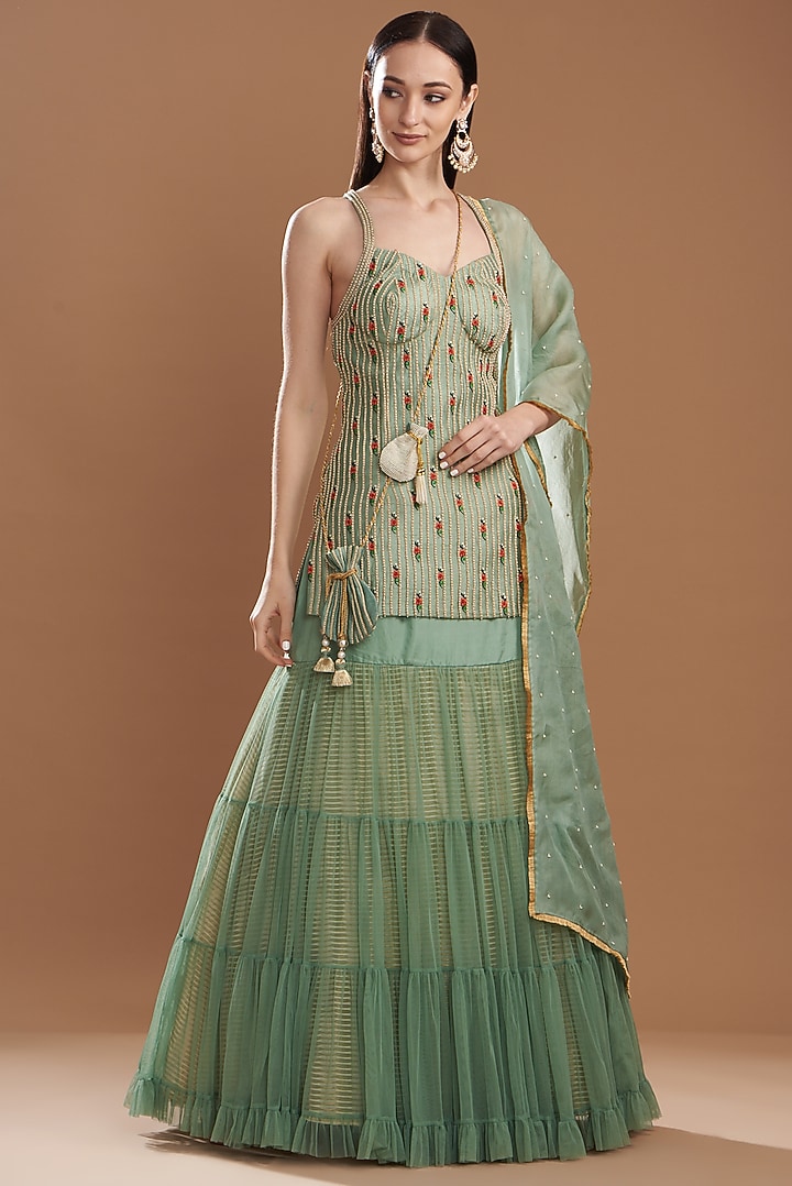 Teal Organza & Silk Embroidered Kurta Set by Yashodhara at Pernia's Pop Up Shop