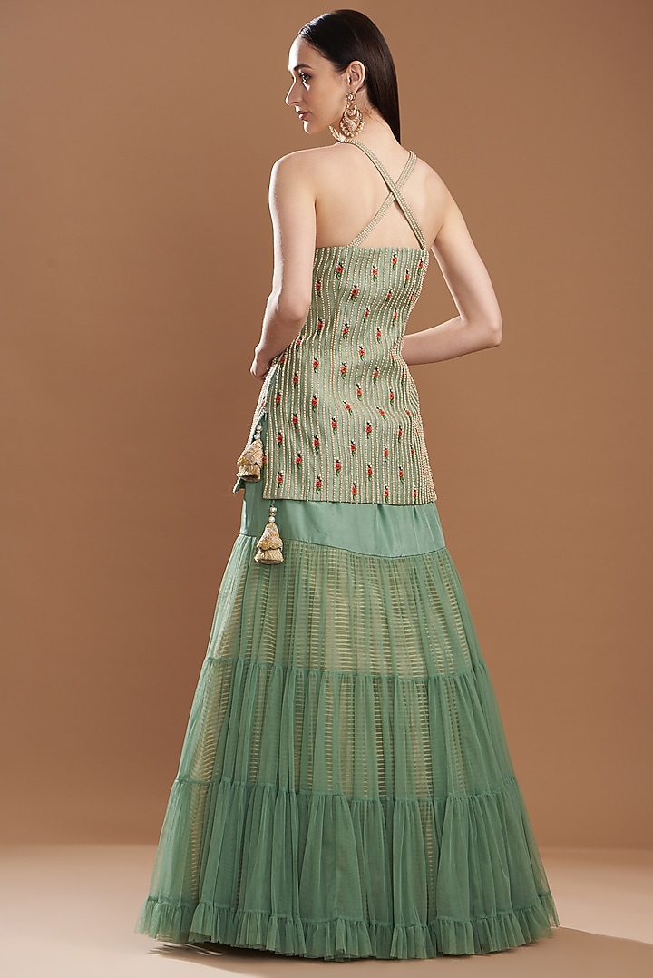 Teal Organza & Silk Embroidered Kurta Set by Yashodhara at Pernia's Pop Up Shop