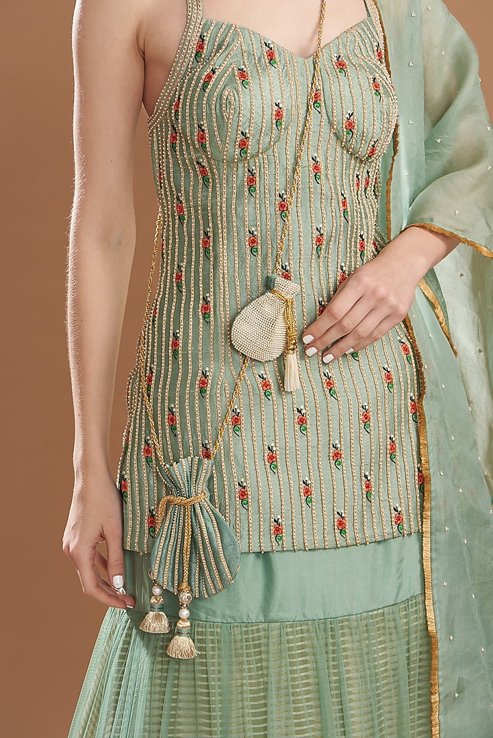Teal Organza & Silk Embroidered Kurta Set by Yashodhara at Pernia's Pop Up Shop
