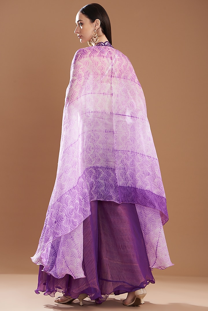 Purple Organza & Silk Shibori Printed Cape Set by Yashodhara at Pernia's Pop Up Shop