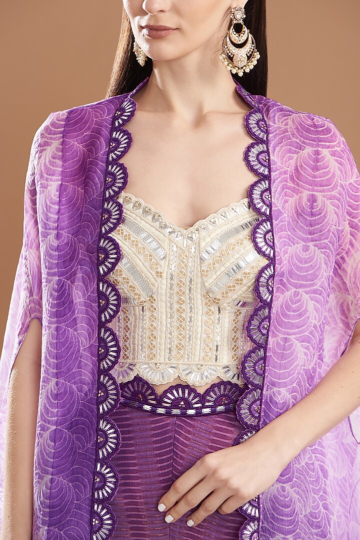 Purple Organza & Silk Shibori Printed Cape Set by Yashodhara at Pernia's Pop Up Shop