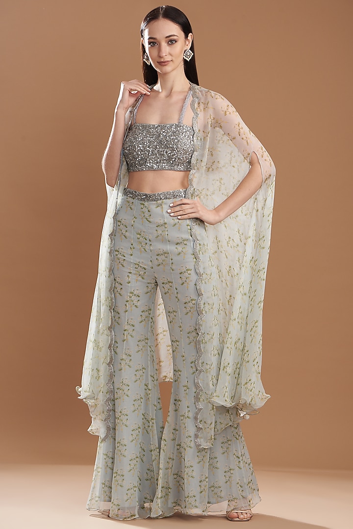 Dull Blue Chiffon & Silk Printed Cape Set by Yashodhara