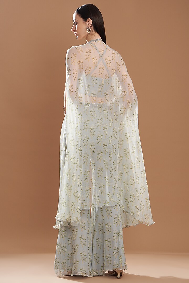 Dull Blue Chiffon & Silk Printed Cape Set by Yashodhara at Pernia's Pop Up Shop