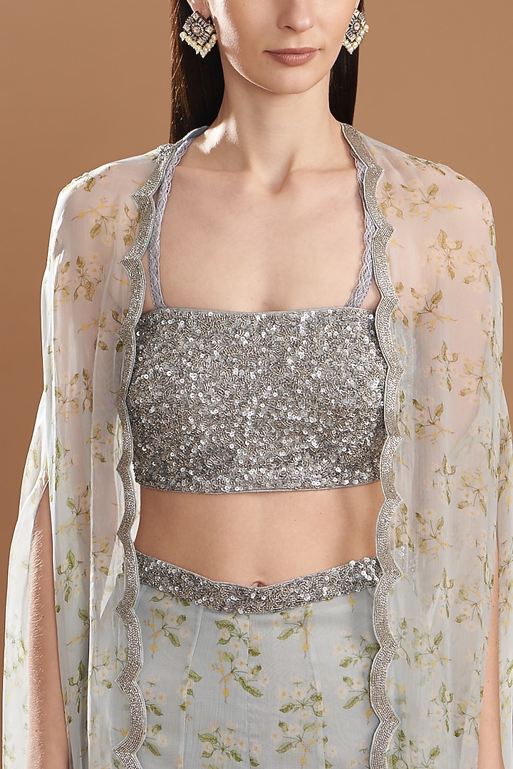 Dull Blue Chiffon & Silk Printed Cape Set by Yashodhara at Pernia's Pop Up Shop