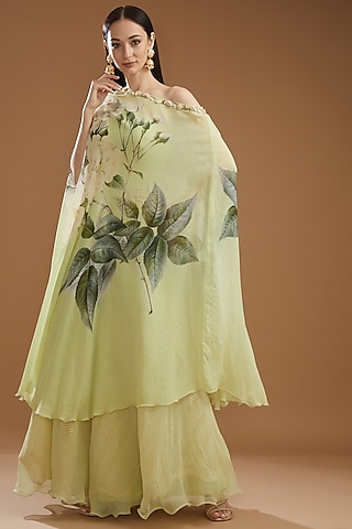Jade Chiffon Off-Shoulder Cape Set by Yashodhara