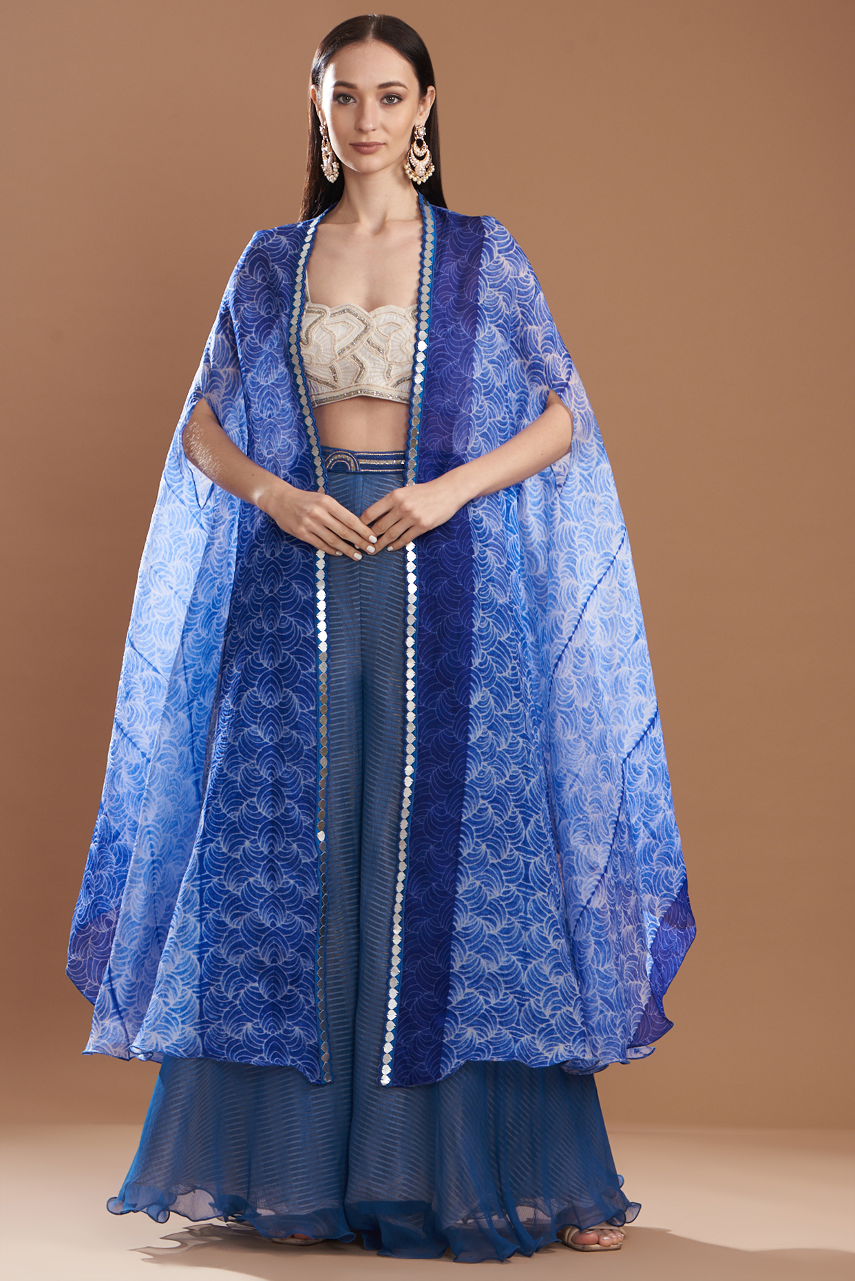 Blue Silk & Chiffon Shibori Printed Cape Set by Yashodhara