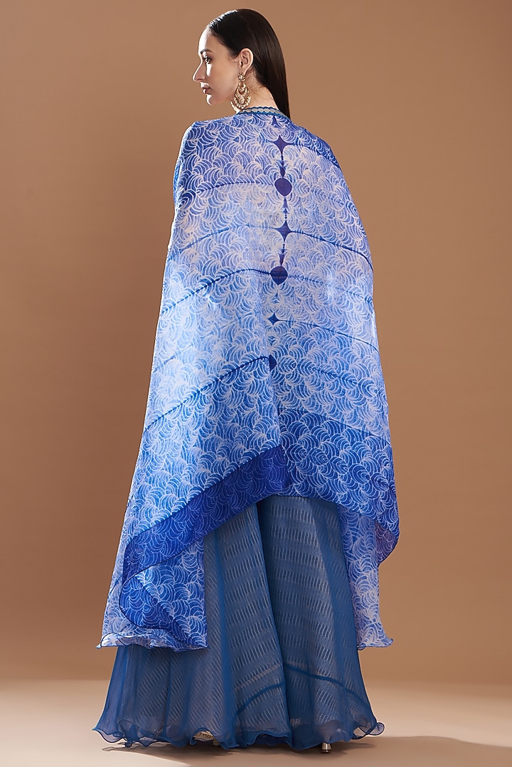 Blue Silk & Chiffon Shibori Printed Cape Set by Yashodhara at Pernia's Pop Up Shop
