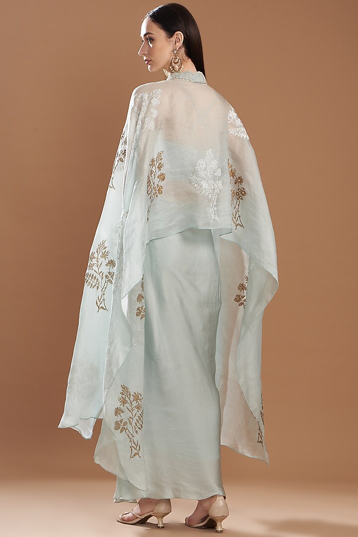 Aqua Chamois Satin Blocked Printed Cape Set by Yashodhara at Pernia's Pop Up Shop