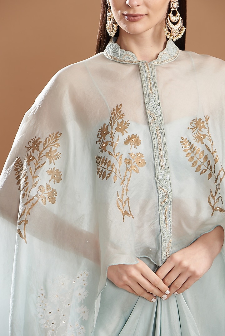 Aqua Chamois Satin Blocked Printed Cape Set by Yashodhara at Pernia's Pop Up Shop