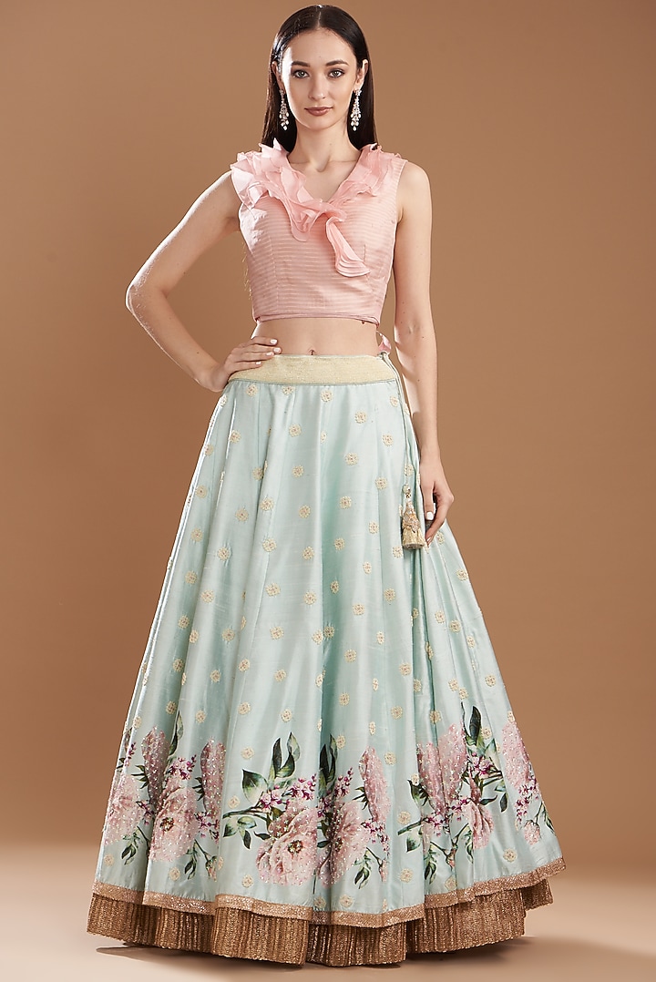 Aqua Raw Silk & Organza Digital Printed Wedding Lehenga Set by Yashodhara at Pernia's Pop Up Shop