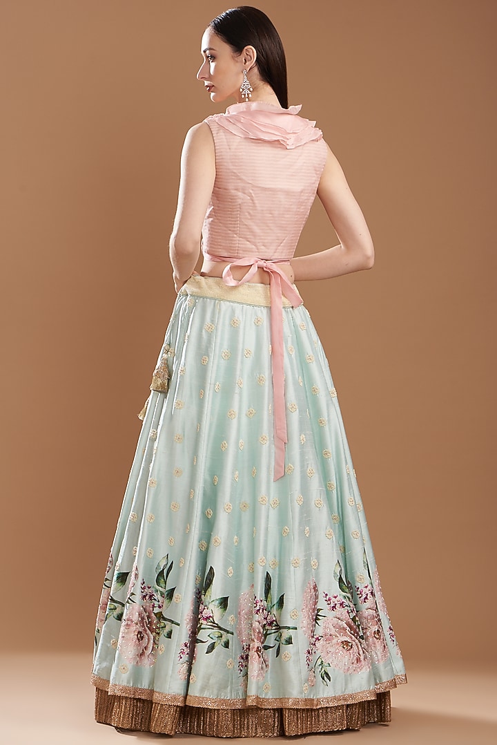 Aqua Raw Silk & Organza Digital Printed Wedding Lehenga Set by Yashodhara at Pernia's Pop Up Shop