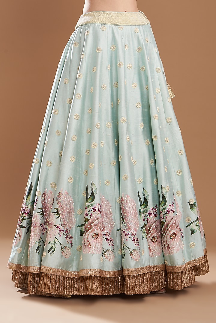 Aqua Raw Silk & Organza Digital Printed Wedding Lehenga Set by Yashodhara at Pernia's Pop Up Shop