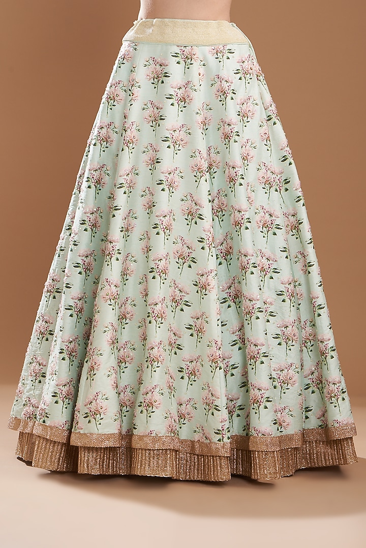 Aqua Raw Silk & Organza Floral Printed Wedding Lehenga Set by Yashodhara at Pernia's Pop Up Shop