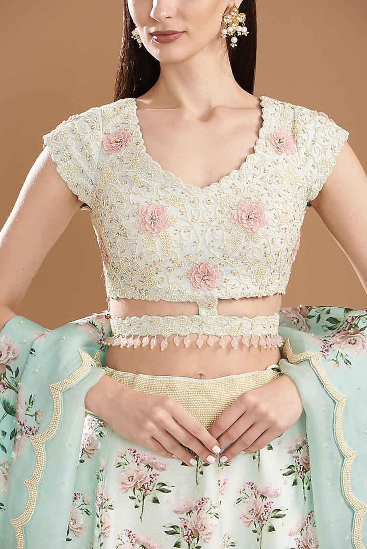 Aqua Raw Silk & Organza Floral Printed Wedding Lehenga Set by Yashodhara at Pernia's Pop Up Shop