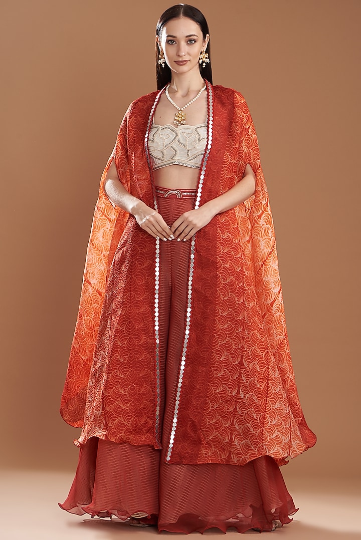 Red Silk & Organza Shibori Printed Cape Set by Yashodhara