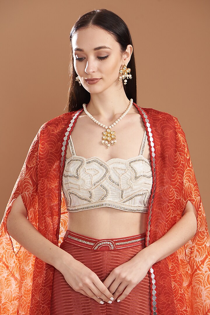 Red Raw Silk & Organza Shibori Printed Cape Set by Yashodhara at Pernia's Pop Up Shop