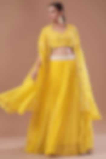Yellow Organza & Raw Silk Dori Embroidered Jacket Wedding Lehenga Set by Yashodhara at Pernia's Pop Up Shop