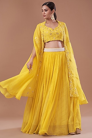 Yellow Organza & Raw Silk Dori Embroidered Jacket Lehenga Set by Yashodhara